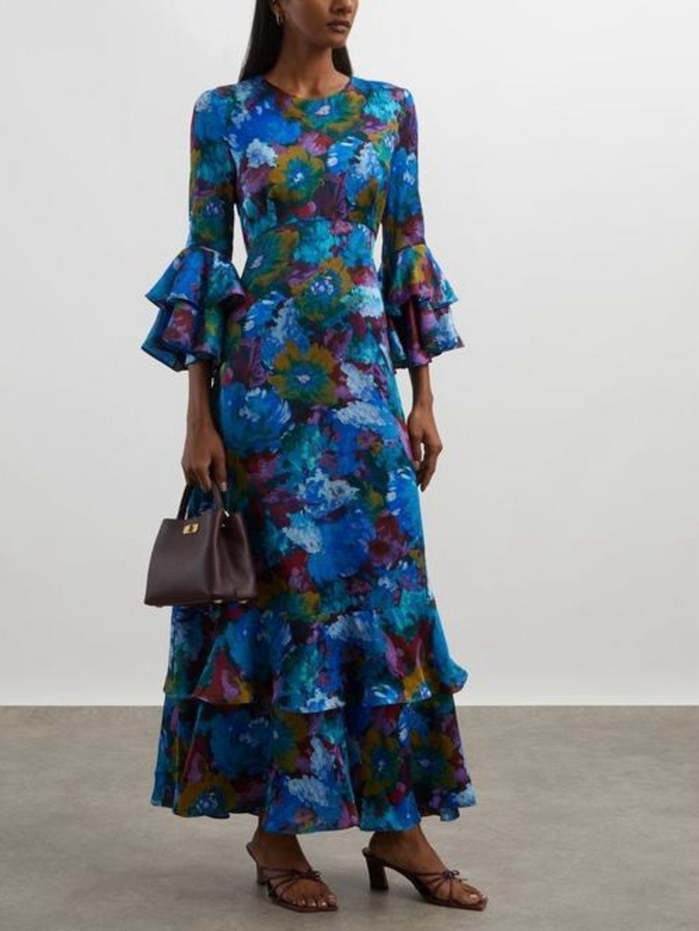 NWT Liberty Artist's Bouquet Silk Satin Blue Floral Gala Maxi Dress
